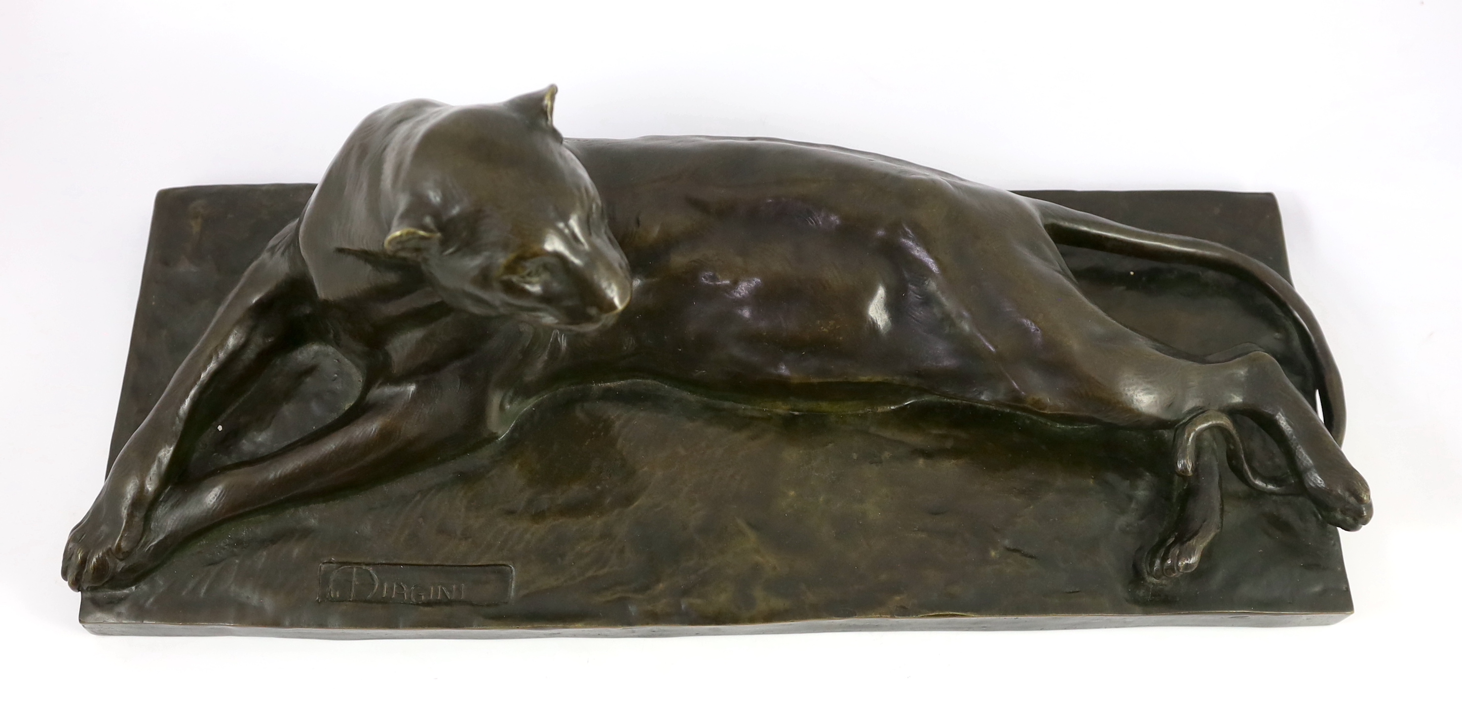 Alfredo Biagini (Italian, 1886-1952). A bronze model of a reclining panther, 63cm long, 24cm deep, 24cm high